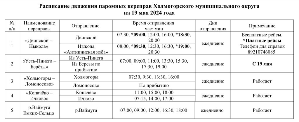 Расписание движения паромных переправ Холмогорского муниципального округа на 19 мая 2024 года.
